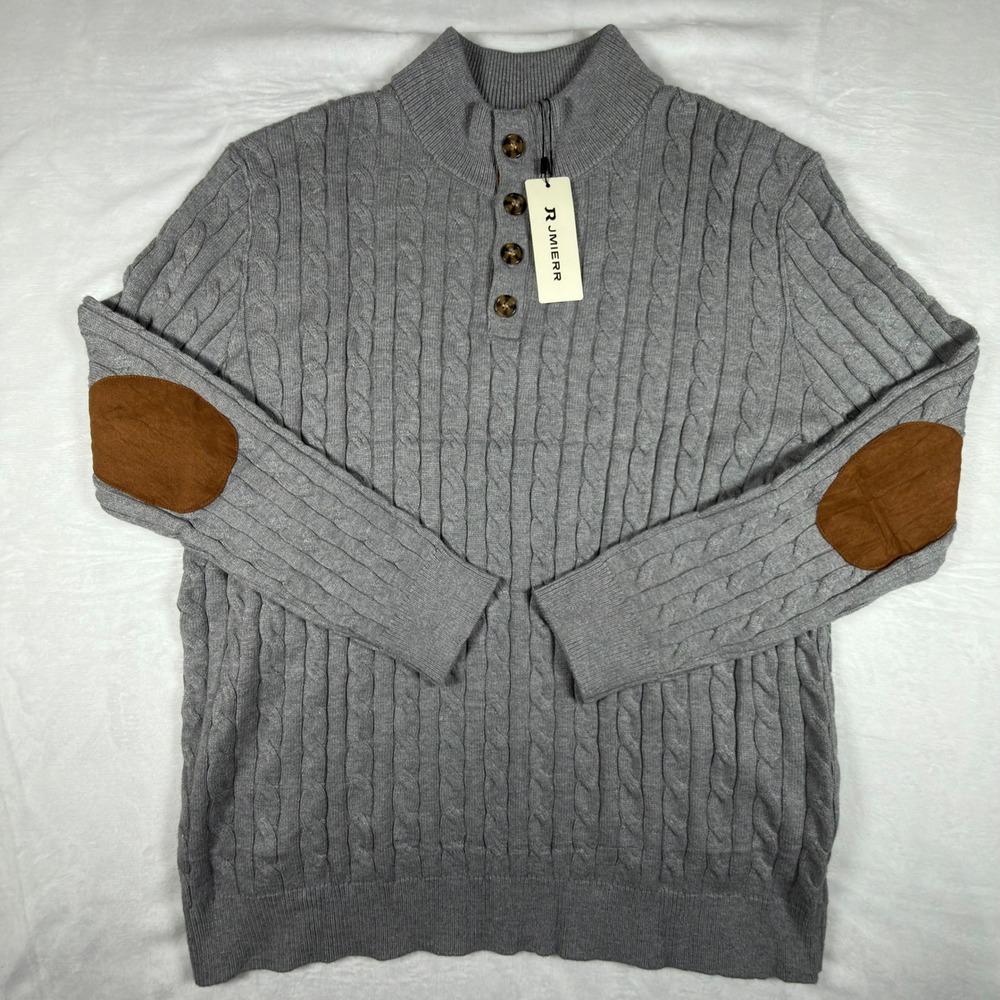 JMIERR Mens Cable Knit Sweater Grey Mock Neck Button Elbow Patch Pullover 2XL